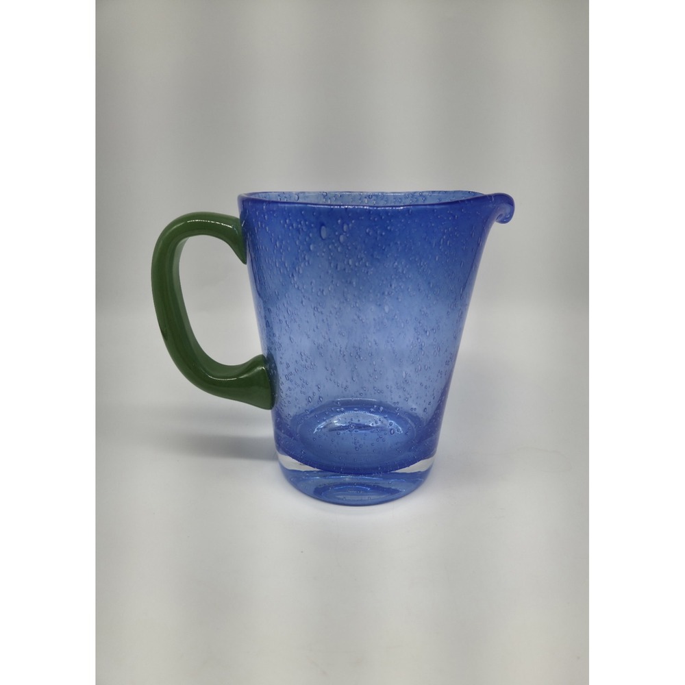 Villeroy & Boch Serra Blue 32 Oz Pitcher Bubble Glass Green Handle Vintage